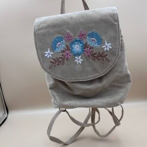Faux Suede Mini Backpack Tan Floral Embroidered Boho Cottagecore Small Bag